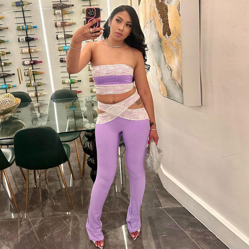 Women sexy lace Strapless Top cross hollow trousers two-piece suit 16