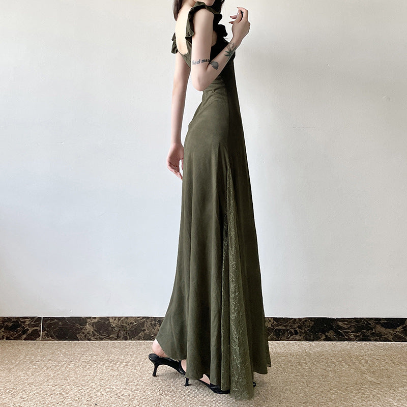 Vintage Olive Green Ruffled Patchwork Flying Sleeve Dress Chic V-Neck Slim Waist  A-Line Long Dress 4