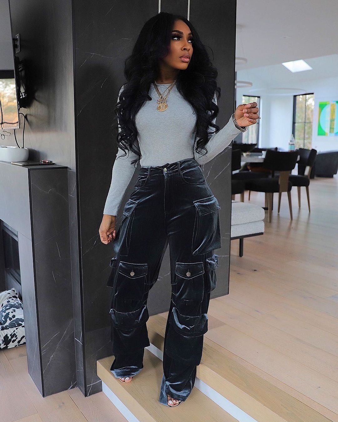 Women Autumn/Winter American Velvet Pocket Cargo Wide-Leg Pants 5