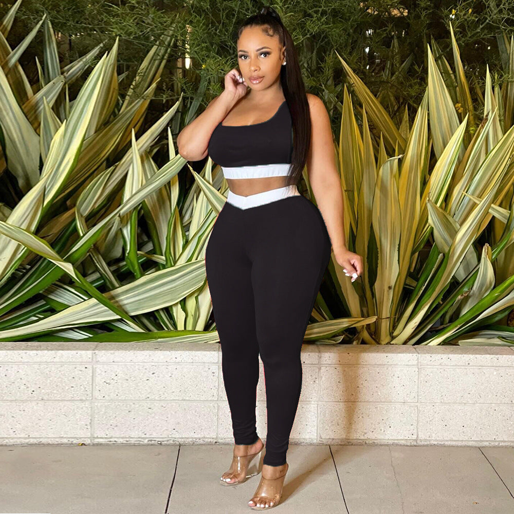 Women summer sexy vest and trousers Patchwork sports two-piece set 4