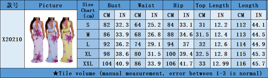 Women's sexy Draped collar low back halter neck slim fit print two piece skirt set 9