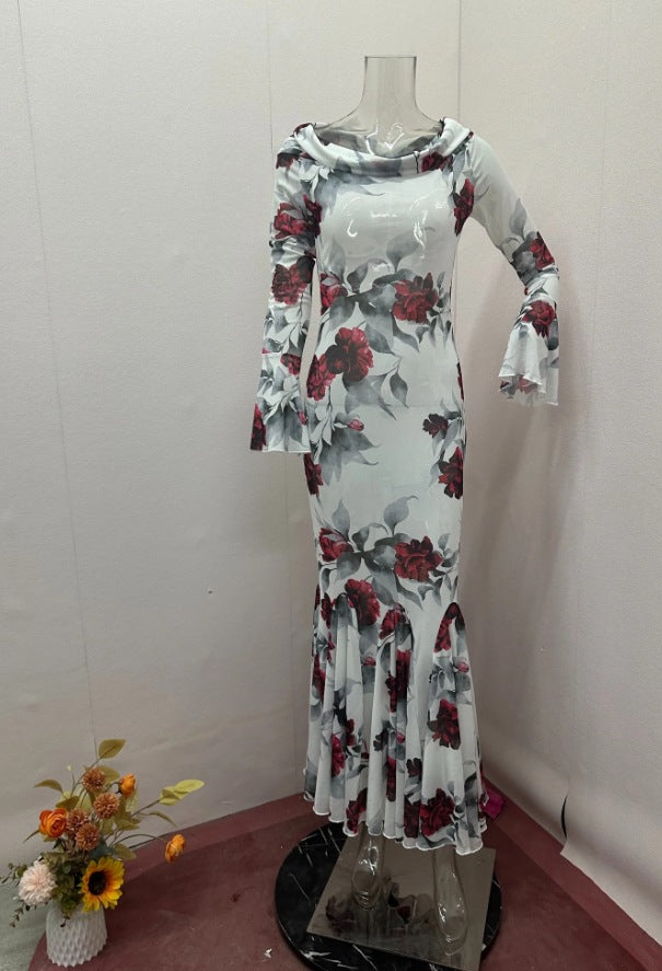 Women autumn French print fishtail bodycon dress 6