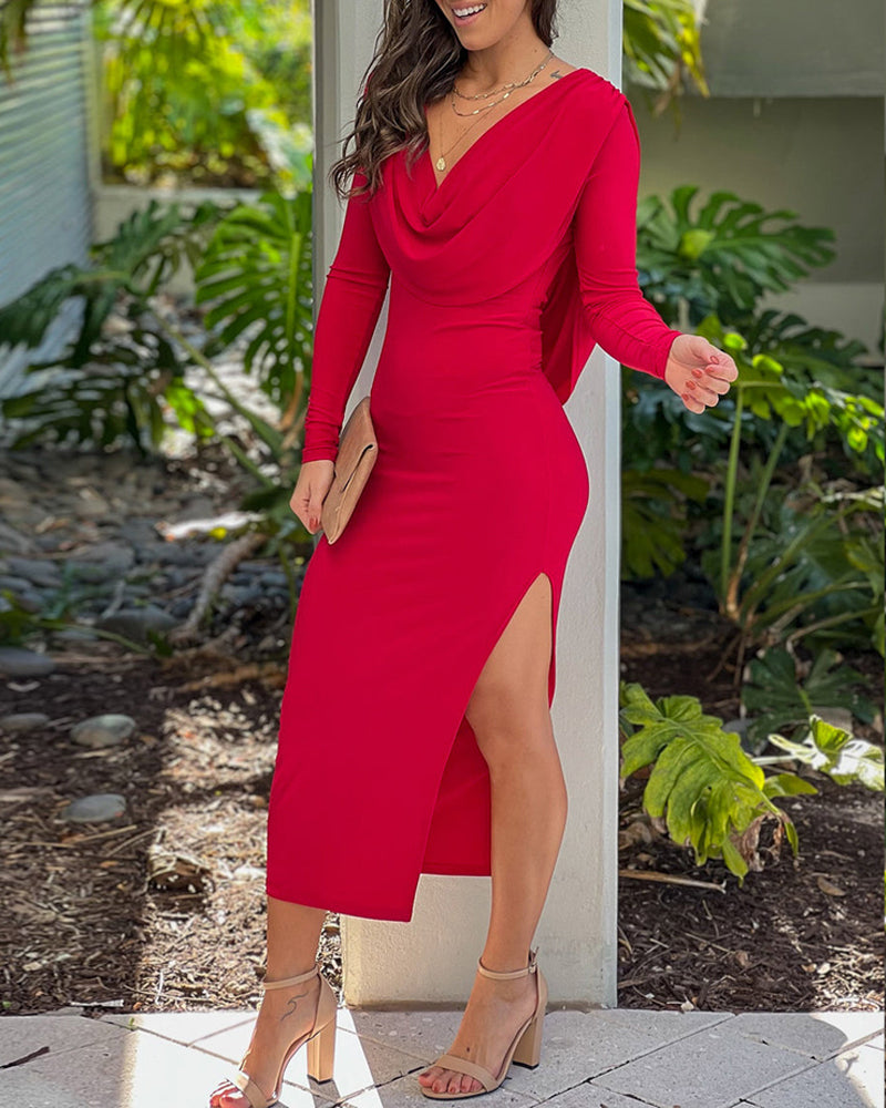 Women's Red Low-Back Long Sleeve Side Slit Long Dress 5
