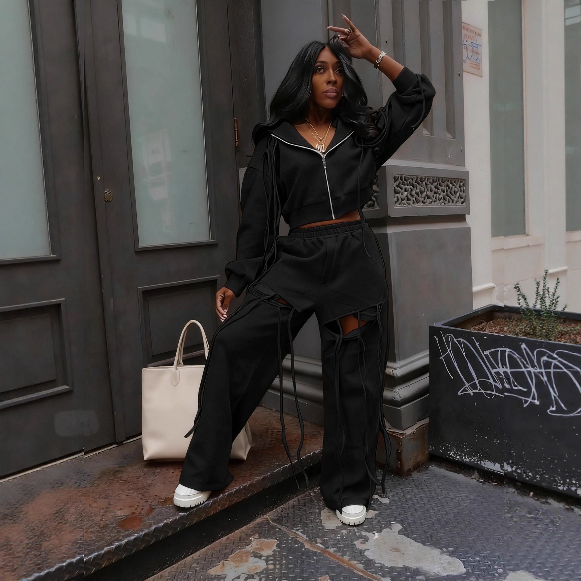 Women casual zipper hoodies and ripped wide-leg pants two-piece set 5