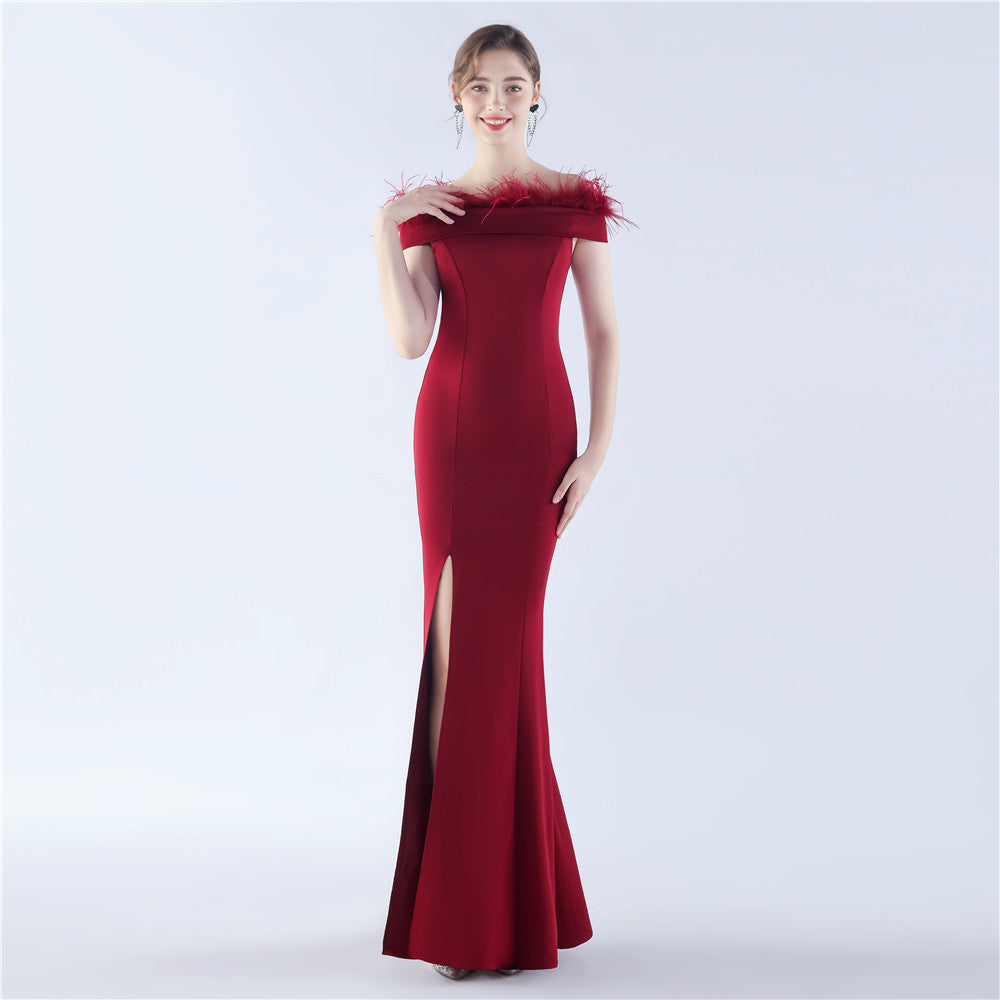 Women Ostrich Feather Off Shoulder Strapless Evening Dress 5