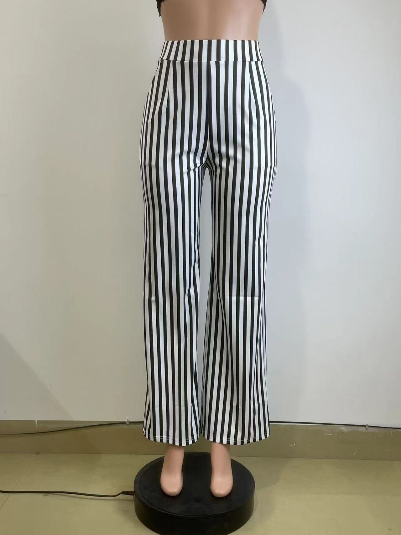 Women Black Stripe Print Straight Casual Wide Leg Pants 8