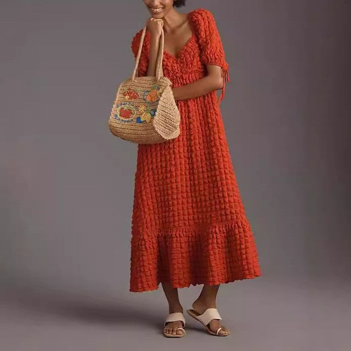 Women Bubble Elegant Short Sleeve French Lace Holidays Dress 8