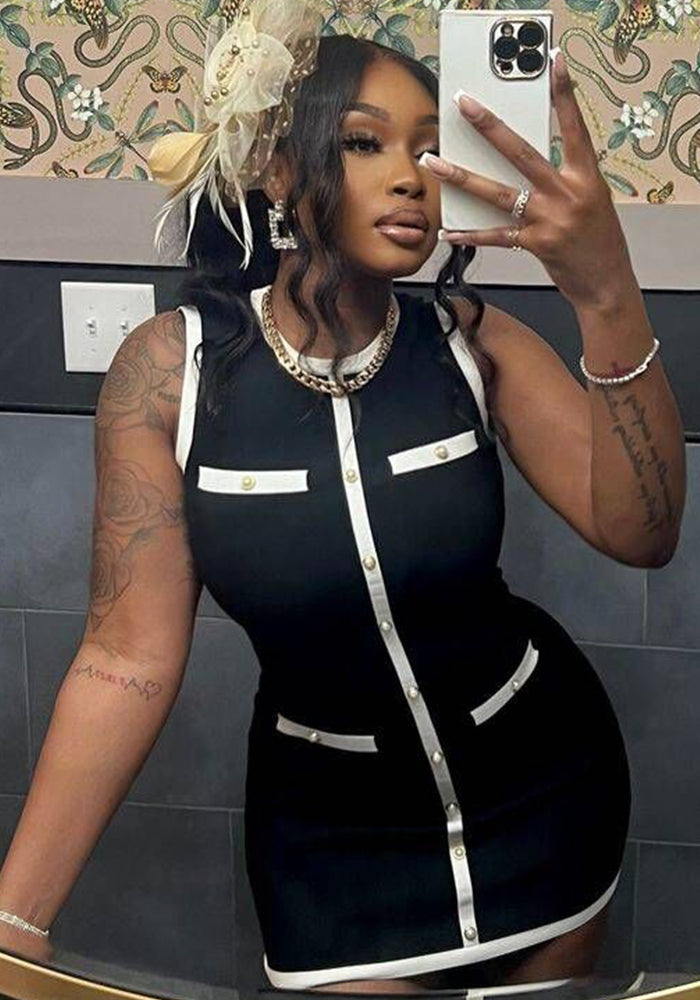 Elegant Sexy Dress Knitting Skirt Pearl Button Sleeveless Sexy Dress