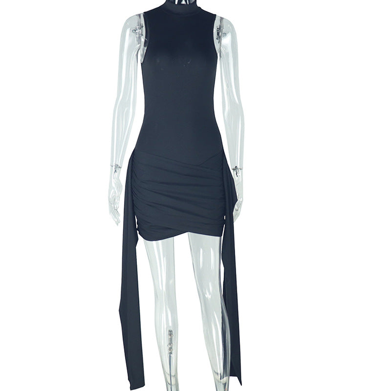 Fashion Women's Pleated Patchwork Lace-Up Slim Casual Solid Color Stand Collar Short Bodycon Dress 7