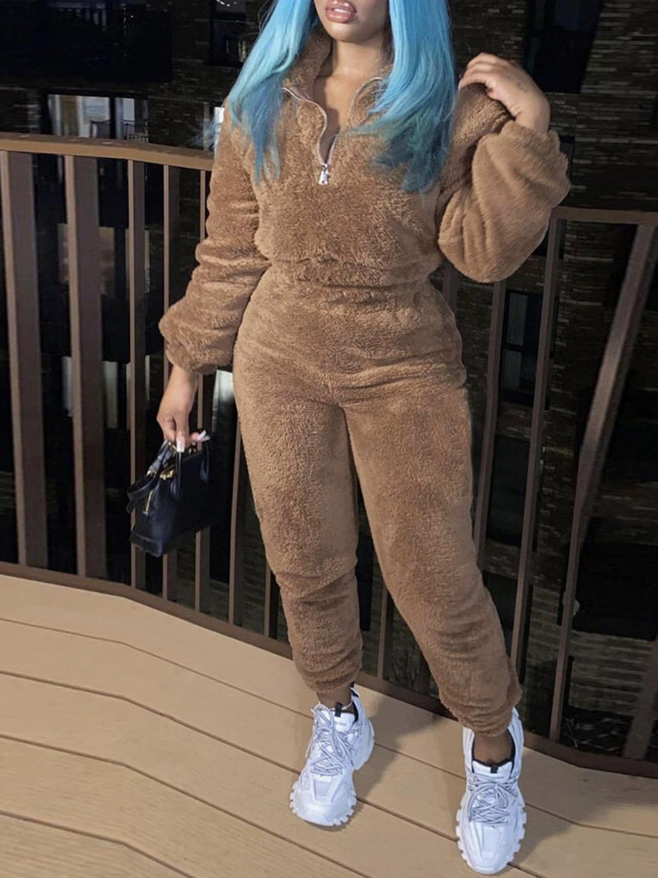 Women Solid Long Sleeve Top and Long Pants Casual Two-Piece Set 3