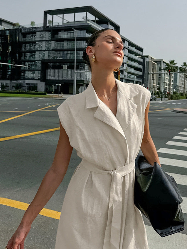 Women French Turndown Collar Belt Dress 4