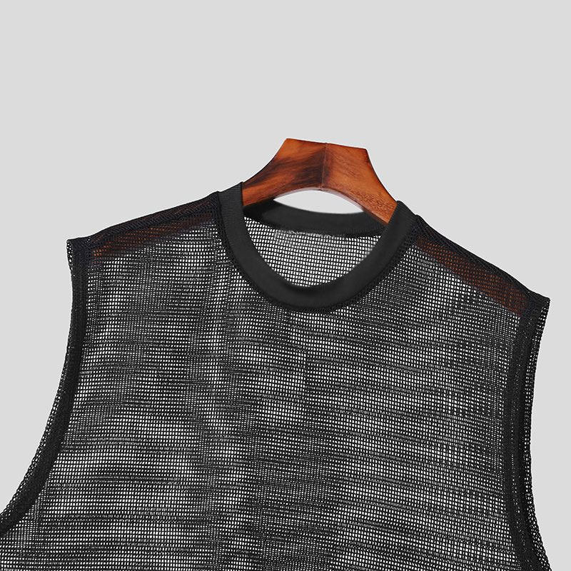 Summer Men's Sexy Mesh Round Neck Tank Loose Casual Sleeveless See-Through Vest 5