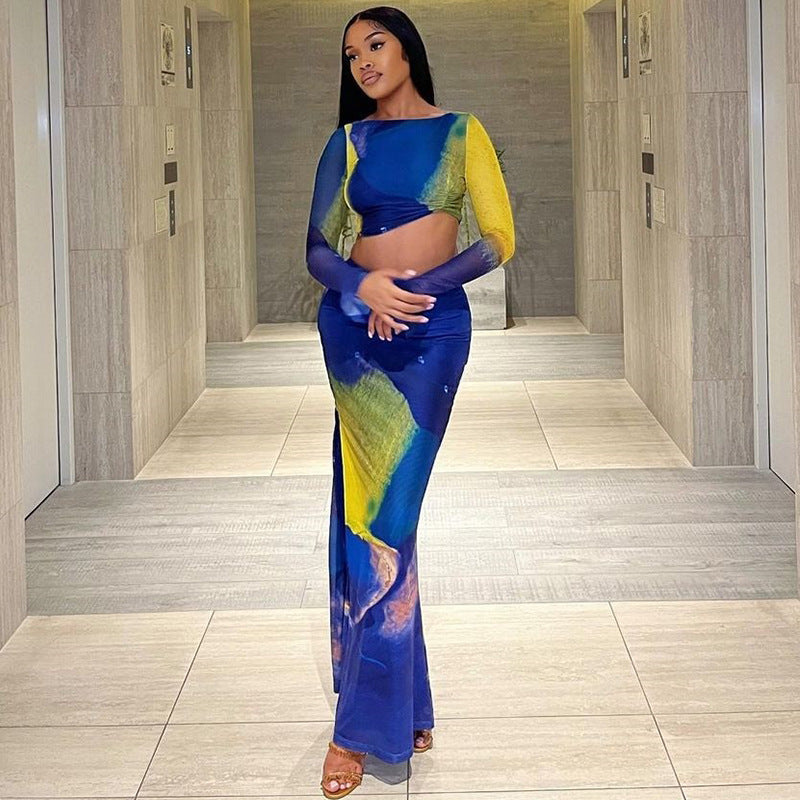 Bell Bottom Sleeve Pleated Crop Top High Waisted Bodycon Skirt Fashionable Two-Piece Printed Tight Fitting Skirt Set 5