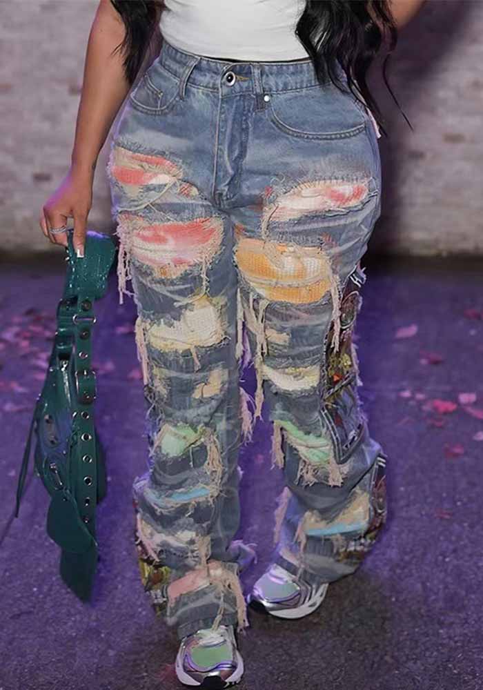 Women Printed Ripped Casual Denim Pants