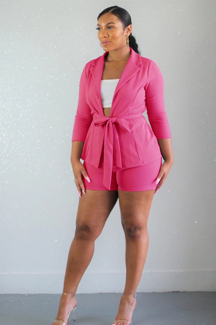Women Casual Lace-up Blazer and Shorts Two-piece Set 4