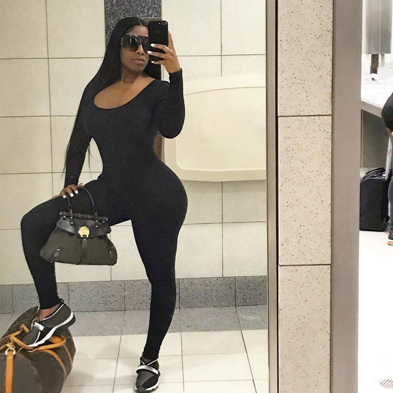 Women's Summer Fashion Long Sleeve Slim Solid Color Jumpsuit 11