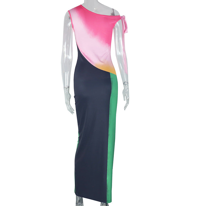 Women Colorblock Lace Off Shoulder Slash Shoulder Dress 8