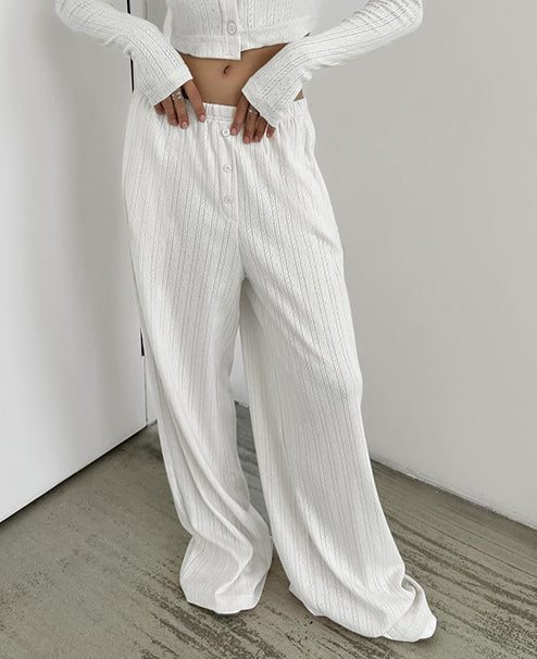 Women Casual two-piece set knitting basic button-down long-sleeved Top elastic trousers two-piece set pajamas and home clothes 6