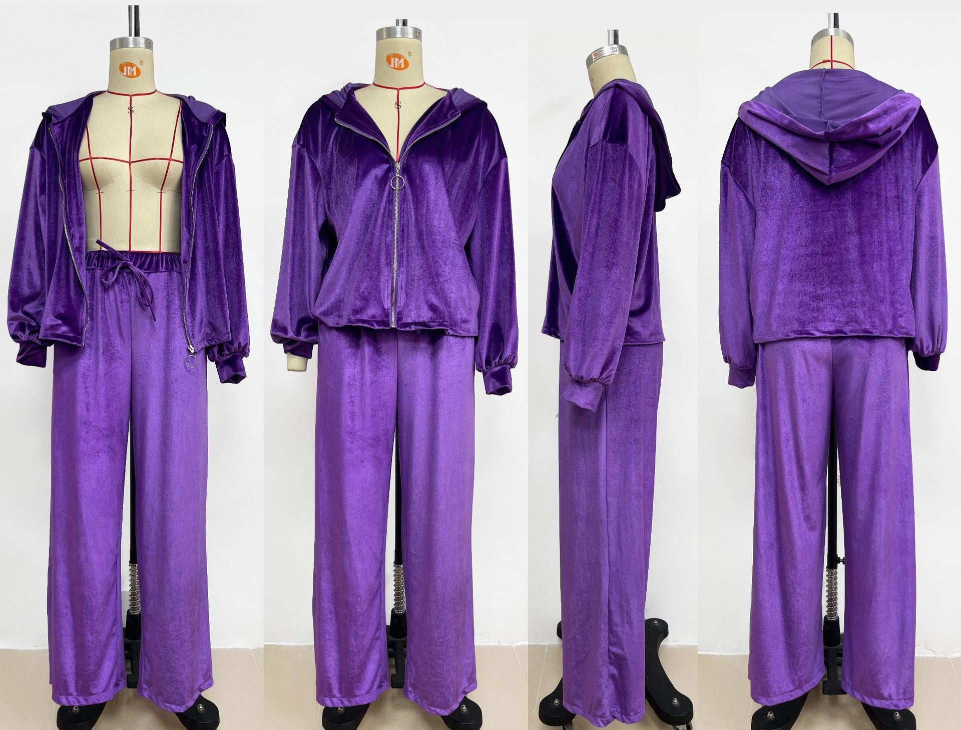 Women Casual Velvet zipper hooded top and wide-leg pants Two Piece Set 7