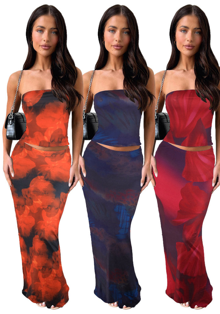 Women Summer Sexy Printed Strapless Top and Skirt Two-Piece Set