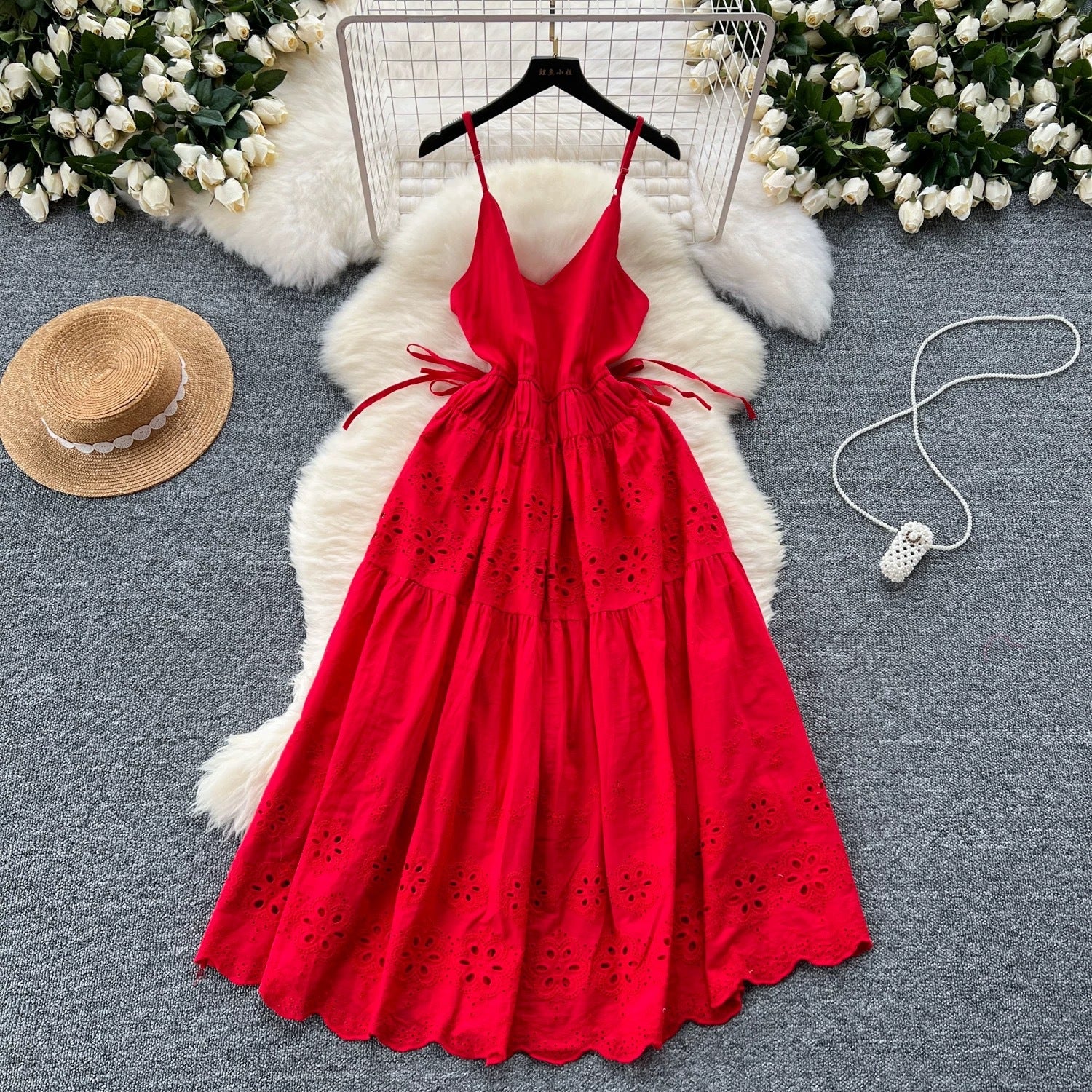 Women Summer Lace-Up Cutout Embroidery Holidays Strappy Dress 5