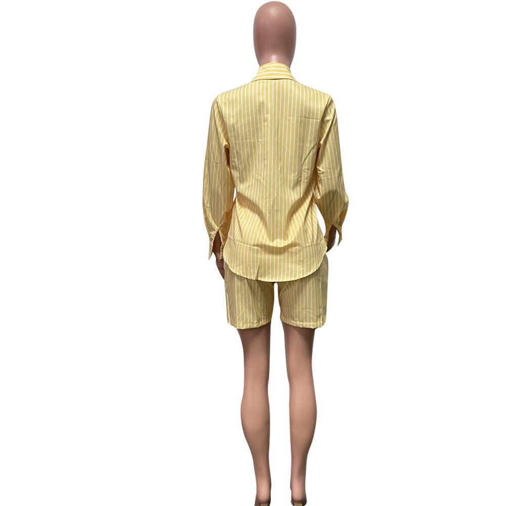 Women's Fashion Casual Stripe Patch Pocket Summer Shirt Shorts Two-Piece Set 24