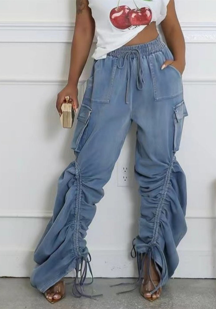 High Street Trendy Drawstring Pleated Loose Denim Pants