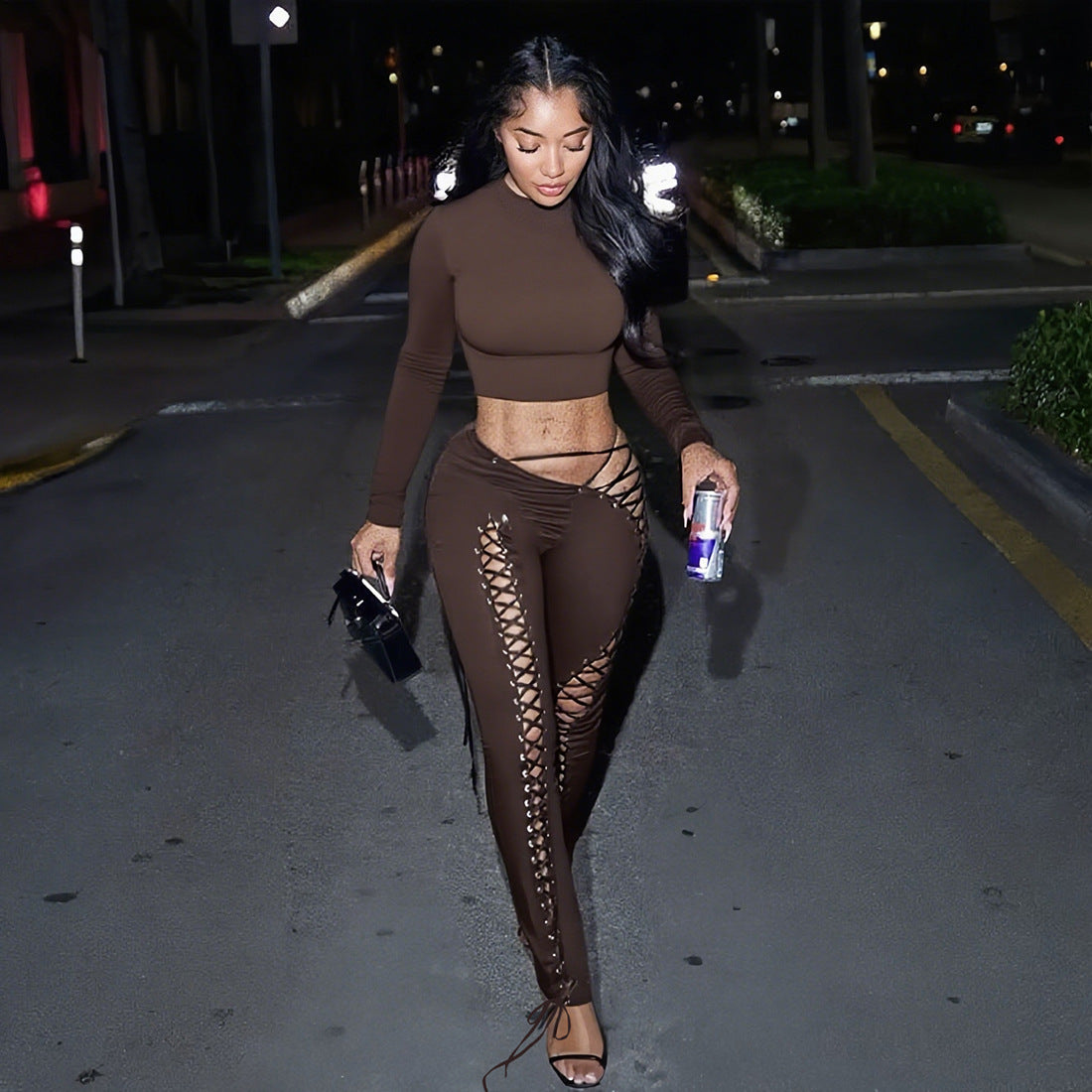 Women Fall/Winter Long-Sleeved Sexy Cutout Lace-Up Pants Two-Piece Set 25