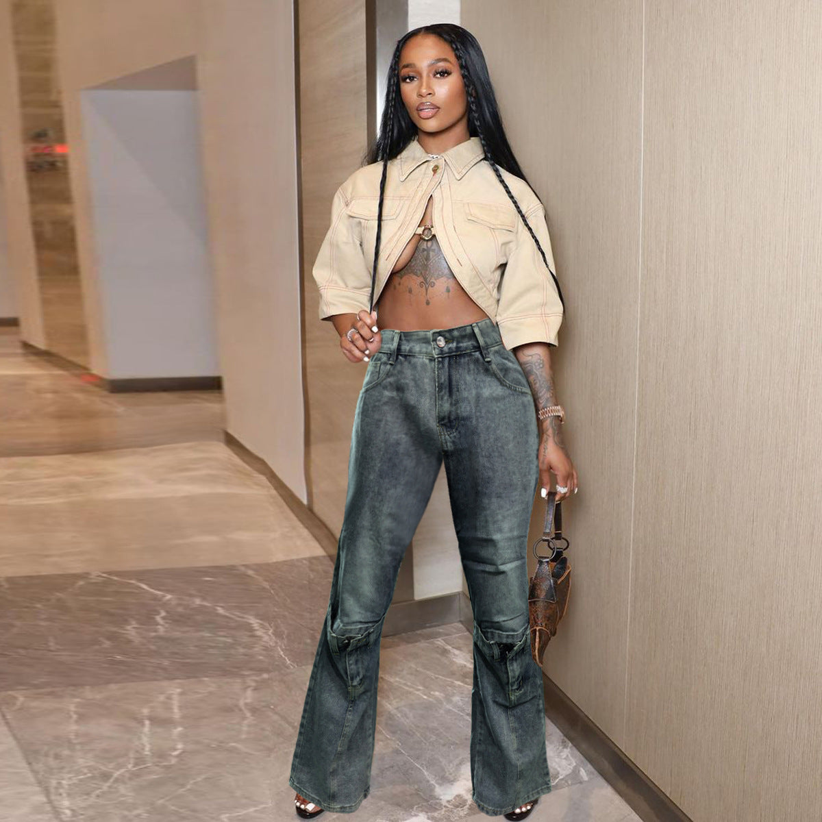 Women Washed Pocket Buttons Denim Pant 3