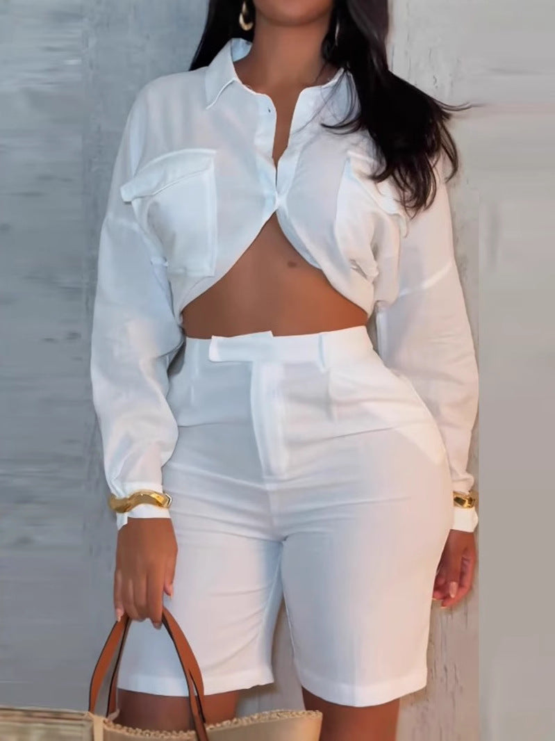 Women's Chic Elegant Solid Color Loose Long Sleeve Open-Waist Shirt & High-Waist Shorts Set 4