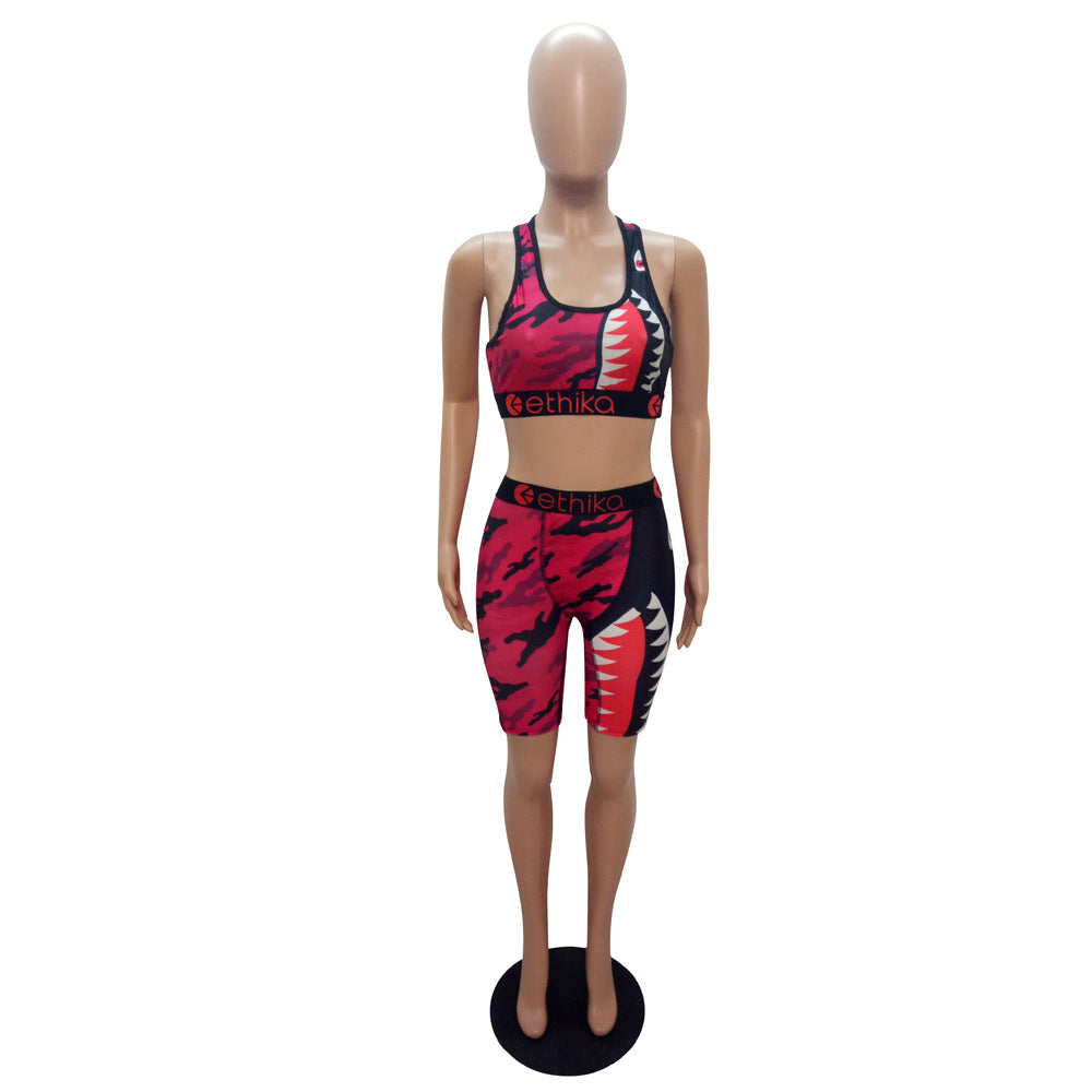 Cartoon Print Casual Camouflage Tank Biker Shorts Two-Piece Set 11