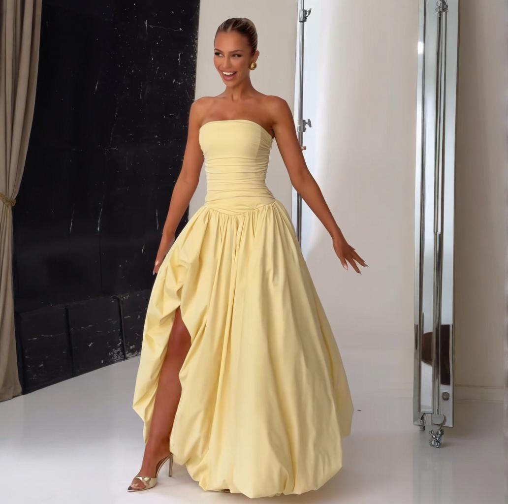 Strapless Solid Color Fashion Slit Maxi Dress for Women