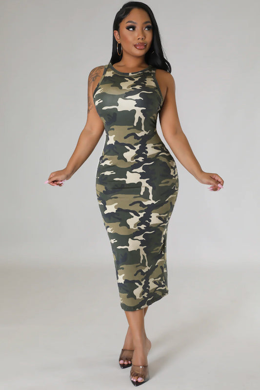 Women Sleeveless Camouflage Print Bodyson Dress 4