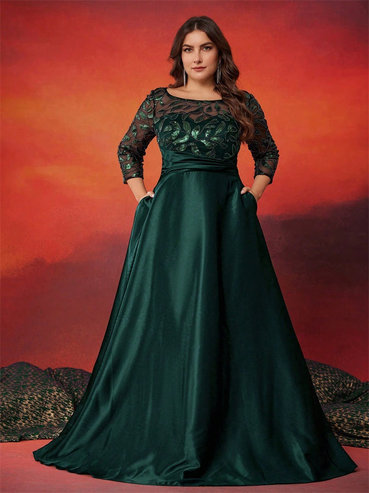 Plus Size Women Sequin Round Neck Patchwork Formal Party Elegant Evening Dress 9