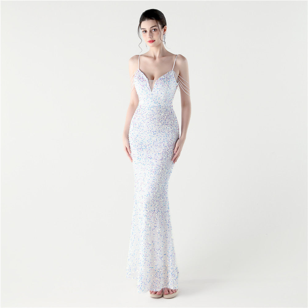 Sequin Beaded Wedding Party Dress Slim Long Evening Gown for Dinner Events 9
