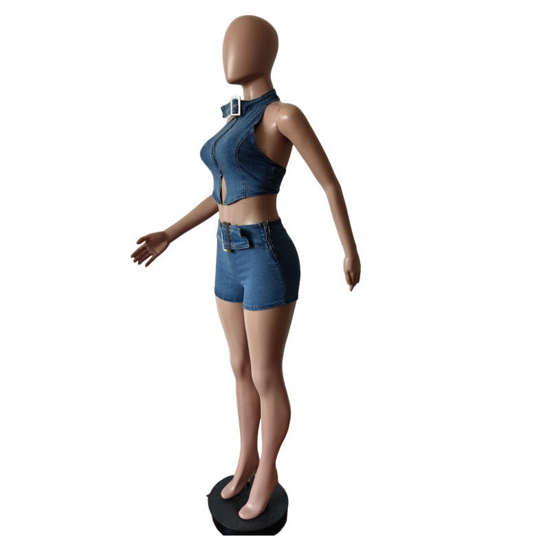 Women Denim Halter Neck Lace Top Stretchy Shorts Two-piece Set 5