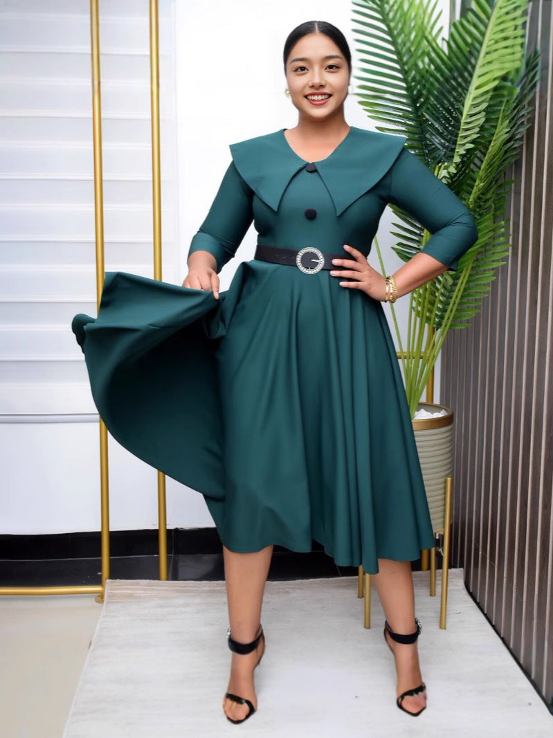 Women's Chic Turndown Collar Short Sleeve A-Line African Dress 7