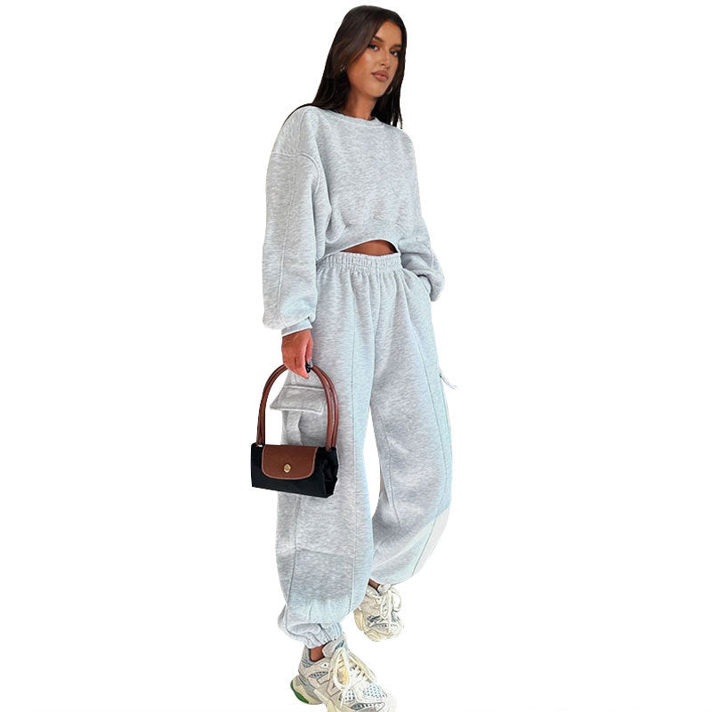 Women's Autumn Round Neck High Waist Hoodies Pocket Loose Sweatpants Suit 7
