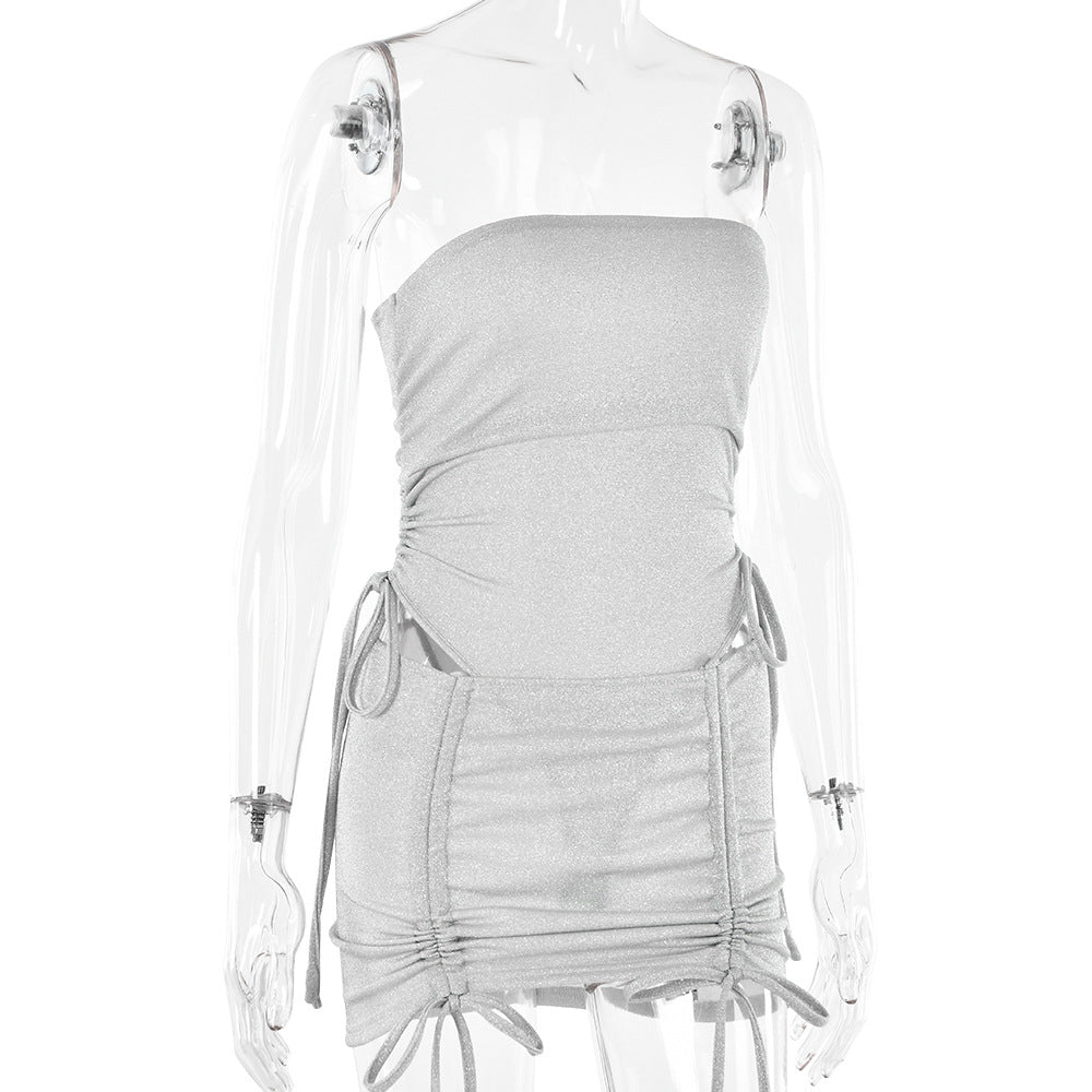 Women Summer Sexy Drawstring Top and Skirt Two-piece Set 8