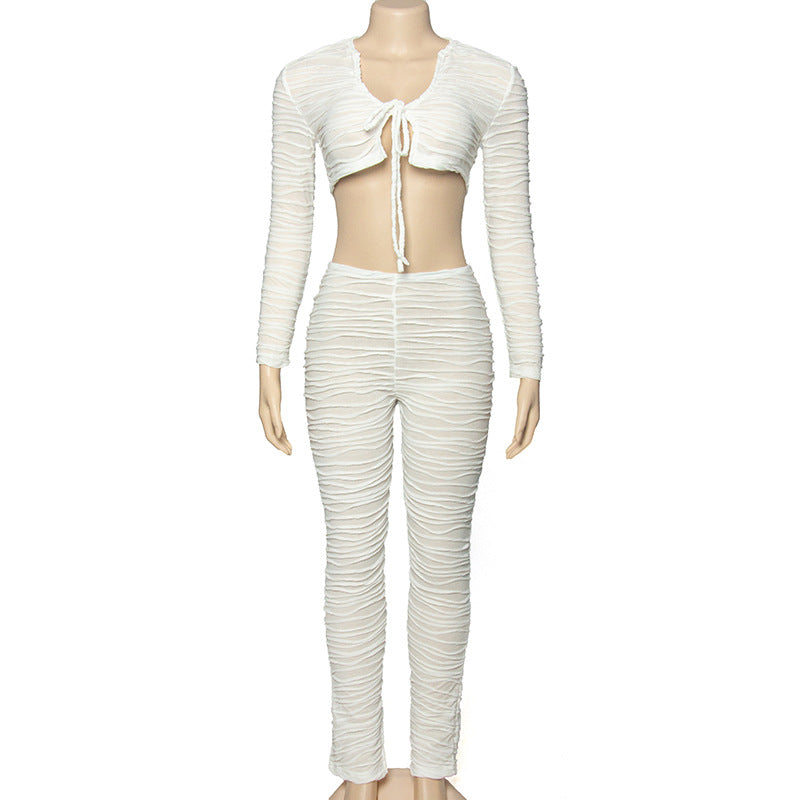 Women Autumn Solid Lace-up Wavy Stripe Crop Top and Pants Two-piece Set 8