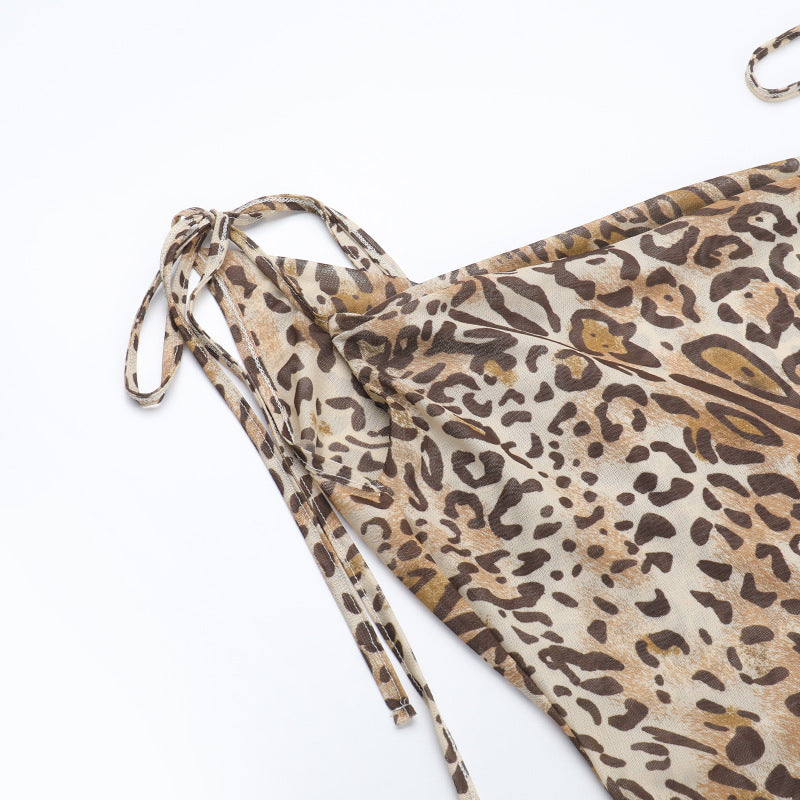 Women Summer Leopard Lace-Up Drawstring Backless Dress 6