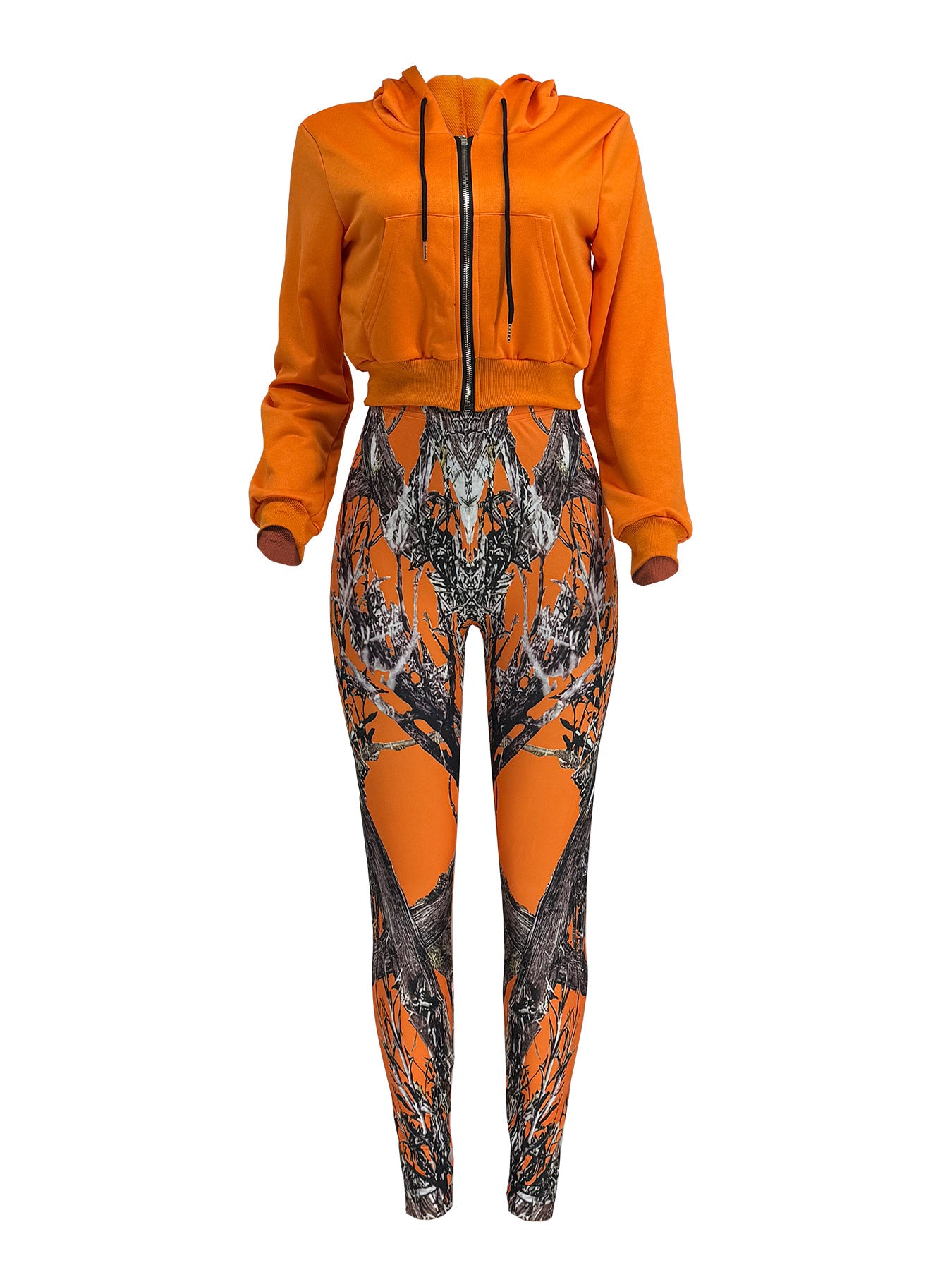 Women Casual Zipper Long Sleeve Top and Print Pants Two-Piece Set 19