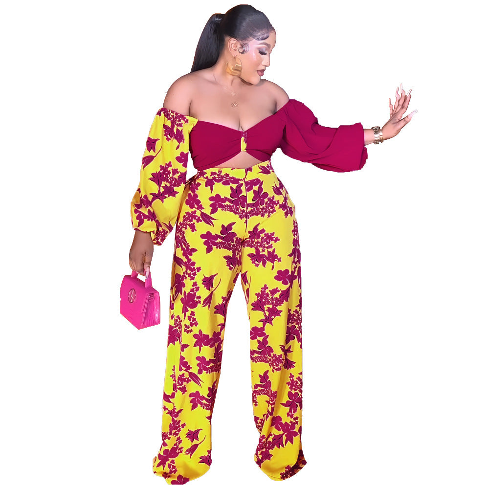 Patchwork Off Shoulder Long Sleeve Fashion High Waist Print Hollow Out Casual Jumpsuit 6