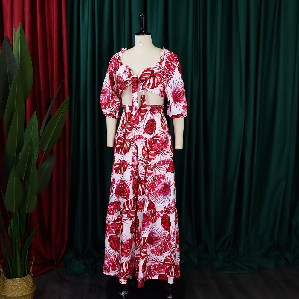 Women Printed V-neck Lace-Up Top + Wide Leg Pants Two-Piece Set 12