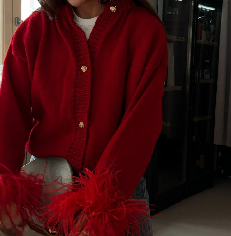 Women's Furry Patchwork Long Sleeve Button Knitting Cardigan 16