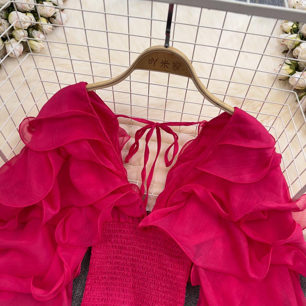 Spring Sexy Deep V-Neck Ruffled Slim Waist Lantern Sleeve Chiffon Shirt 12