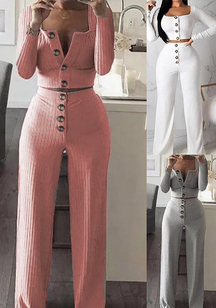 Women's Autumn Long-Sleeved Cardigan Slim Button Pants Casual Two Piece Set