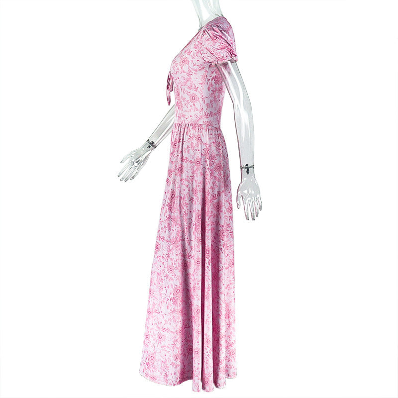 women's print elegant v-neck Chic bubble sleeve a-line pleated long dress 7