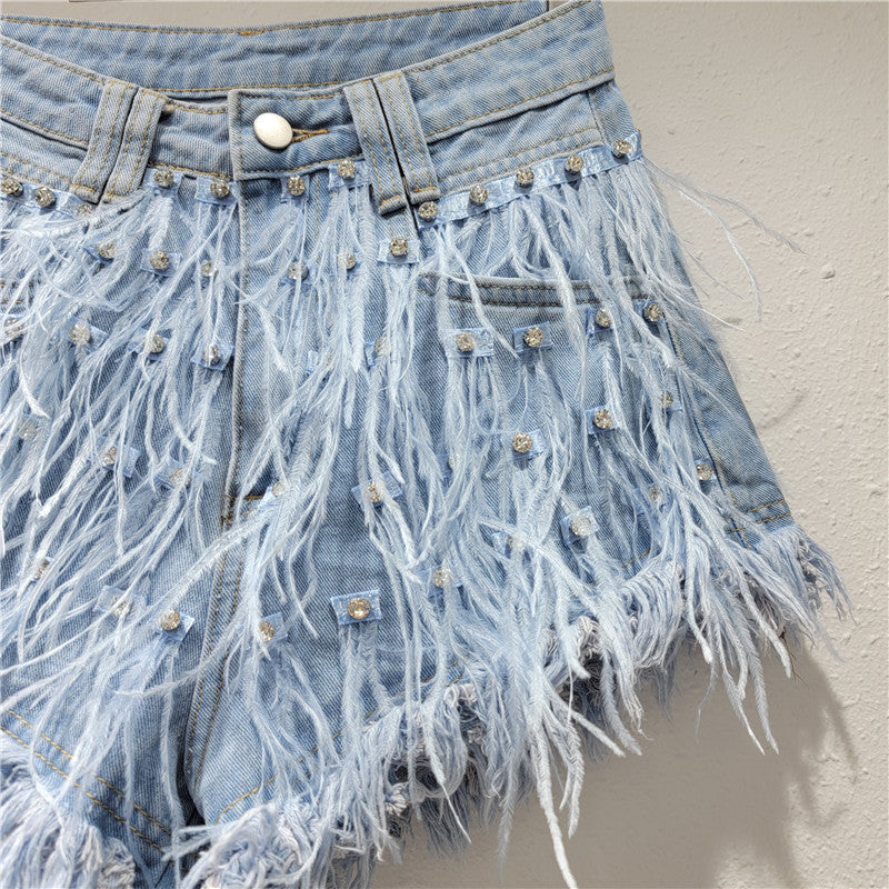 Women Summer Diamond Ostrich Feather Tassel Denim Shorts 6