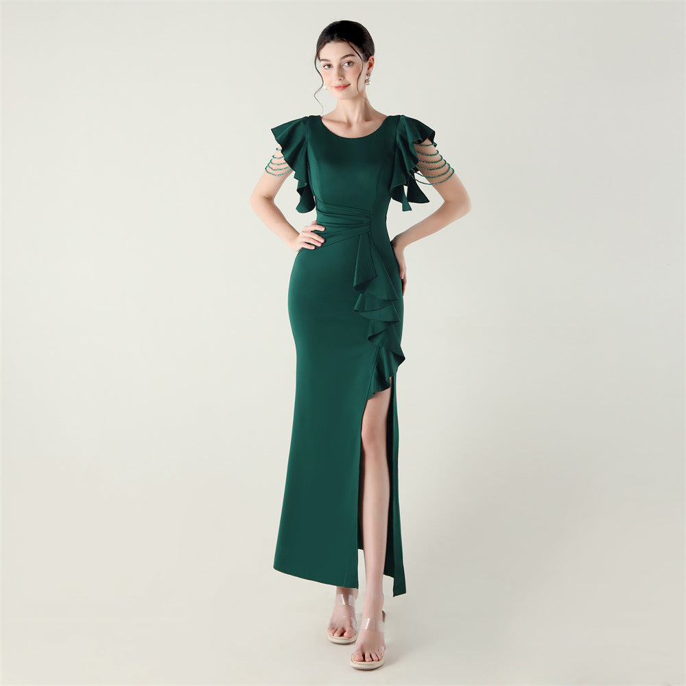 Women beaded tube V neck ruffle draped bead chain bead formal party evening dress 3